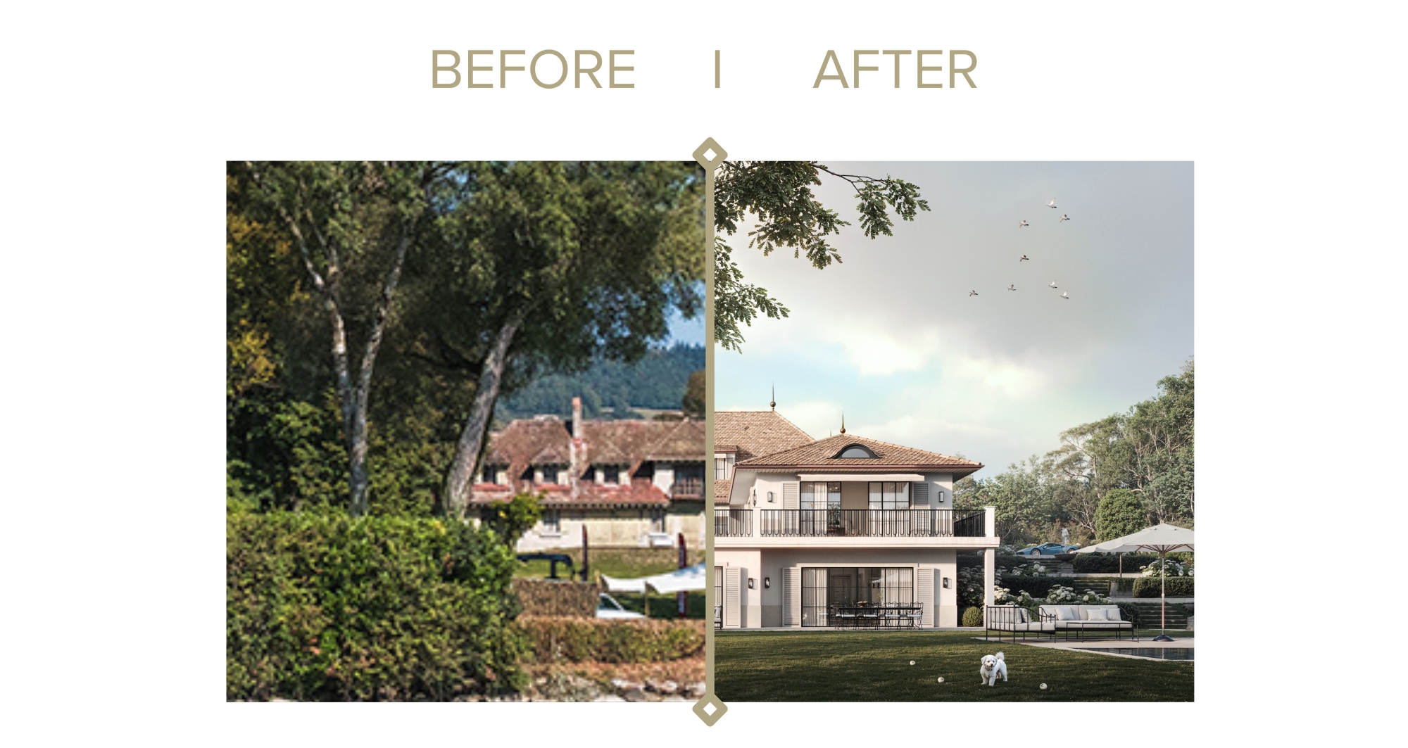 Before and after 3D visualization of a real estate project